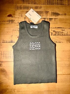Miu Miu Olive Green Tank with Black/Clear Crystals Logo. Size Medium